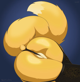 anthro anus anus_behind_thong anus_peek ass_up big_butt butt butt_focus camel_toe clothed clothing dark_anus female fluffy fluffy_tail genitals glistening glistening_body glistening_butt lace lace_stockings legwear lingerie lingerie_malfunction lingerie_only lingerie_panties lips lying nude on_side partially_clothed plump_camel_toe plump_labia presenting presenting_hindquarters rear_focus rear_view skimpy solo stockings tail thick_lips thigh_highs thong underwear vulva furfe bandai_namco digimon canid canine digimon_(species) fox humanoid mammal renamon 2026 absurd_res cel_shading hi_res shaded