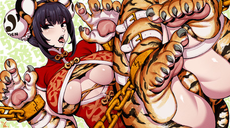 asian_clothing bangs big_breasts black_eyes blue_hair breasts chain chinese_clothing chinese_dress claws clothing cuff_(restraint) dress east_asian_clothing eyebrows fangs female hair hair_bun half-closed_eyes knot light_body light_skin looking_at_viewer multicolored_body narrowed_eyes orange_body pawpads raised_eyebrow red_clothing restraints shackles short_sleeves solo straps stripes teeth text tongue tongue_out under_boob white_inner_ear ireading62 chinese_zodiac year_of_the_tiger animal_humanoid felid felid_humanoid humanoid mammal mammal_humanoid pantherine pantherine_humanoid tiger_humanoid chinese_text signature