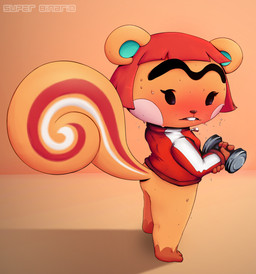 anthro bodily_fluids clothing exercise eyebrows female fur hair looking_at_viewer open_mouth simple_background solo sweat unibrow weights superbinario animal_crossing nintendo hazel_(animal_crossing) mammal rodent sciurid tree_squirrel absurd_res hi_res