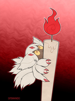 brown_body candle female fire fur hair mouth_closed multi_arm multi_limb multi_tail red_eyes solo tail white_body white_fur white_hair spinnando made_in_abyss faputa narehate 3:4