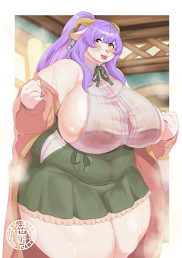 anthro areola areola_slip big_breasts bodily_fluids border breasts brown_horn clothing curved_horn eyelashes female fur glistening glistening_body glistening_fur hair horizontal_pupils horn huge_breasts inside jacket long_hair looking_at_viewer open_mouth overweight overweight_anthro overweight_female pink_clothing pink_jacket pink_topwear ponytail pupils purple_hair side_boob smile solo standing steam steaming_body sweat thick_thighs topwear translucent translucent_clothing white_body white_border white_fur wide_hips yellow_eyes sasanoha6011 lumeria_(sasanoha6011) bovid caprine goat mammal absurd_res hi_res
