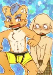 absurd_res anthro blue_eyes blue_hair blush chest_tuft clothed clothing colored duo ear_tuft ears_down felid gabobon05 hair hi_res inner_ear_fluff lagomorph leporid lion male male/male mammal open_mouth pantherine pivoted_ears rabbit smile teeth topless topless_male tuft underwear yellow_clothing yellow_underwear young young_male