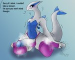 absurd_res anthro athletic athletic_anthro athletic_male balls big_butt blush bodily_fluids bottomwear butt clothed clothing cum cum_drip dialogue digital_media_(artwork) dripping english_text erection femboy generation_2_pokemon genital_fluids genitals hi_res humanoid_genitalia humanoid_penis legendary_pokemon looking_at_viewer lugia male musk musk_clouds nintendo nude panties penile penis pokemon pokemon_(species) simple_background smolreapy solo sweat tail text thick_thighs underwear white_body wide_hips