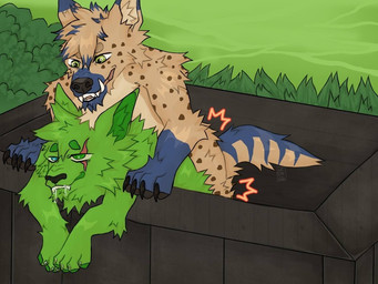 anthro backshots bent_over bodily_fluids drooling duo lokithecat male male/male nature public razel(the_hyena) razeltheyeen saliva size_difference standing_hyena greencat that1opossum loki domestic_cat felid feline felis hyena mammal spotted_hyena
