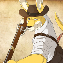 anthro brown_clothing brown_hat brown_headwear closed_smile clothed clothing fur grey_eyes gun hat headgear headwear holding_gun holding_object holding_ranged_weapon holding_weapon looking_at_viewer male male_anthro mouth_closed narrowed_eyes ranged_weapon smile solo topwear weapon white_body white_clothing white_fur white_topwear yellow_body yellow_fur solaxe_(artist) solaxe kangaroo macropod mammal marsupial 1:1