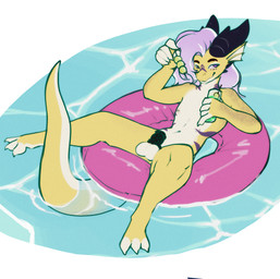 anthro balls beverage casual_chastity casual_nudity chastity_cage chastity_cage_only chastity_device chastity_device_only femboy flat_chastity_cage genitals hair horn looking_at_viewer male nipples nude pink_hair pool_float solo tail wearing_chastity_cage wearing_chastity_device yellow_body dep mythology mikk_alvella_(zettra_thorn) dragon mythological_creature mythological_scalie scalie absurd_res hi_res