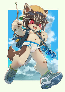 anthro backpack bandage bandaged_leg blush briefs bulge clothing footwear hat headgear headwear kemono male navel outside pawpads red_eyes shoes sneakers solo underwear walking young young_anthro young_male kuroisumi hi_res