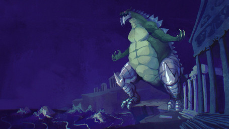 anthro atmospheric cybernetic_leg cybernetic_limb horn jaw macro male night outside ruins scales seaside size_difference solo spines yazonn grockle dinosaur kaiju ornithischian prehistoric_species reptile scalie stegosaurian stegosaurus thyreophoran 16:9 hi_res widescreen