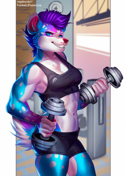 5_fingers abs anthro athletic biped black_lips blue_body blue_eyes blue_fur blue_hair bottomwear bra breasts cleavage clothed clothing exercise eyelashes female fingers fur hair lips looking_at_viewer midriff muscular muscular_anthro muscular_female navel purple_hair red_nose short_hair shorts smile solo sports_bra standing teeth underwear weights workout vagabondbastard frankie_(pastelcore) canid canine mammal hi_res