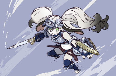 anthro armor belt blonde_hair breasts clothing female gloves green_eyes hair handwear headgear helmet holding_melee_weapon holding_object holding_shield holding_sword holding_weapon looking_up melee_weapon navel open_mouth pigtails shield solo sword unconvincing_armor weapon gomtaros canid canine canis domestic_dog mammal 2020 digital_media_(artwork) hi_res