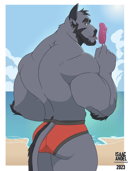 anthro barazoku beach beard biped bottomwear brown_eyes butt clothed clothing cloud day ear_piercing ear_ring facial_hair fur furgonomic_bottomwear furgonomics grey_body grey_fur head_turned licking looking_at_viewer looking_back male muscular muscular_anthro muscular_arms muscular_male outside penis_popsicle piercing rear_view ring_piercing sand sea skimpy sky solo speedo speedo_only standing swimwear tail text tongue tongue_out topless topless_anthro topless_male water isaac_andel bovid bovine cattle mammal 2023 absurd_res artist_name colored half-length_portrait hi_res portrait shaded