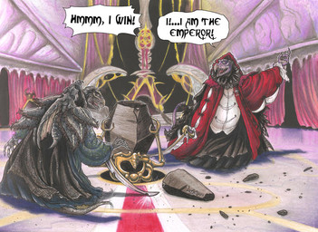 alternate_universe anthro beak clothed clothing dialogue duo elderly fangs fully_clothed gown inside melee_weapon multi_limb renaissance_clothing rock speech_bubble sword teeth text weapon what_if skekla_(artist) the_dark_crystal skeksil_the_chamberlain skekung_the_garthim_master alien skeksis 2023 comic english_description english_text signature herm_(lore)