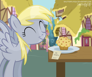 blonde_hair building city eyes_closed feathered_wings feathers female feral food furniture grey_body grey_feathers hair house muffin note outside plate ponyville scent sky smile solo spread_wings table wings shutterflyeqd friendship_is_magic hasbro my_little_pony mythology derpy_hooves_(mlp) equid equine mammal mythological_creature mythological_equine pegasus 2017 hi_res