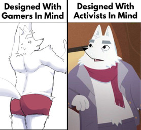 anthro biped bodily_fluids butt clothing comparison fur male scarf solo surprised sweat text underwear white_body white_fur razojz beastly_crimes beastly_crimes_(2024) designed_with_gamers/activists_in_mind arctic_fox_(beastly_crimes) arctic_fox canid canine fox mammal true_fox 2025 english_text meme