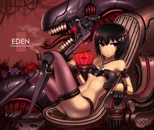 apple black_hair breasts chair clothed clothing dark duo eyeless female food fruit furniture garden_of_eden hair looking_at_viewer machine non-mammal_breasts on_chair plant red_eyes skimpy text young unknown_artist alien human mammal robot english_text