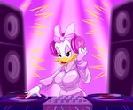 accessory anthro bow_(feature) bow_ribbon breasts clothed clothing disc_jockey electronics feathers female hair_accessory hair_bow hair_ribbon headphones open_mouth ribbons solo speaker turntable_(decks) vinyl_record lonbluewolf disney daisy_duck anatid anseriform avian bird duck 2022 6:5 hi_res