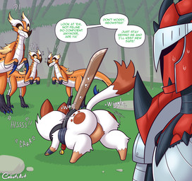 ambiguous_gender anthro armor bamboo bamboo_tree biped bodily_fluids brown_body brown_fur brown_tail butt claws defensive detailed_background exclamation_point female feral footprint fur group growling heart_symbol hissing interrobang kamura_armor male markings melee_weapon mouth_closed multicolored_body multicolored_fur multicolored_tail pawprint pawprint_(marking) plant protective question_mark rathalos_armor rear_view shadow shaking_butt sound_effects sweat sword tail tree weapon white_body white_fur white_tail cobatsart capcom monster_hunter jennifur_(cobatsart) bird_wyvern felid felyne human izuchi lynian mammal palico 2025 digital_media_(artwork) hi_res signature