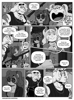anthro biped bottomwear breasts clothed clothing detailed_background dialogue female group hair inside male mouth_closed pupils side_view size_difference smile speech_bubble text three-quarter_view topwear nimzy maggie_(nimzy) noms_(nimzy) tobi_(nimzy) cricetid felid hamster hybrid liger mammal pantherine rodent comic english_text hi_res monochrome url