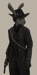 anthro black_clothing black_coat black_eyes black_hair black_topwear bottomwear breasts buckteeth cheek_tuft clothed clothing coat cowboy_hat facial_tuft female fingers fur gloves grey_body grey_fur gun hair handgun handwear hat headgear headwear holding_object holding_weapon long_coat narrowed_eyes ranged_weapon revolver scar simple_background solo standing teeth topwear tuft weapon anon2000000 red_dead_(series) rockstar_games lagomorph leporid mammal rabbit digital_media_(artwork) digital_painting_(artwork) hi_res