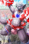 2019 absurd_res anthro balls_outline bear black_nose blood blue_eyes blue_sky bodily_fluids brown_body brown_fur bulge canid canine cheerleader cheerleader_outfit clothed clothing crossdressing day detailed_background detailed_bulge digital_media_(artwork) dress femboy footwear fur genital_outline geppei5959 grey_hair group hair hat headgear headwear hi_res hyena jumping looking_at_another male mammal multicolored_clothing multicolored_dress multicolored_topwear nosebleed open_mouth open_smile outside pink_clothing pink_underwear purple_body purple_ears purple_fur purple_tail red_baseball_cap red_cap red_clothing red_dress red_hat red_headwear red_tongue shaded shoes sky smile socks solo solo_focus tail teeth tongue topwear underwear white_clothing white_footwear white_shoes white_socks yellow_body yellow_fur