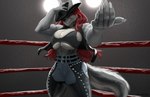 5_fingers anthro big_breasts black_nose breasts chaps claws cleavage clothed clothing come_at_me cowboy_hat female fighting_ring finger_claws fingers fur grey_body grey_fur grin hair hat headgear headwear humanoid_hands long_hair muscular muscular_anthro muscular_female navel red_hair smile solo teeth shintori luka_cross canid canine canis mammal wolf 2022 signature