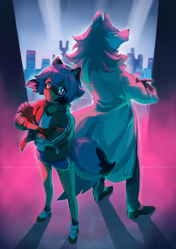 anthro bottomwear clothed clothing coat crossed_arms duo female fluffy fluffy_tail footwear fully_clothed fur hair jacket looking_at_viewer male open_clothing open_jacket open_topwear shoes shorts smile tail topwear sahara1127 brand_new_animal studio_trigger michiru_kagemori shirou_ogami canid canine canis mammal raccoon_dog tanuki wolf absurd_res hi_res