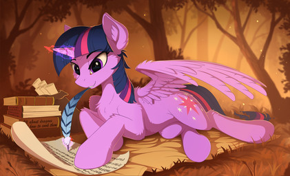 cutie_mark day detailed_background eyelashes feathered_wings feathers female feral fur grass hair hooves horn lying magic outside plant purple_body purple_eyes purple_feathers purple_fur purple_hair scroll smile solo wings yakovlev-vad friendship_is_magic hasbro my_little_pony mythology twilight_sparkle_(mlp) equid equine mammal mythological_creature mythological_equine winged_unicorn hi_res