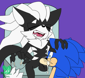 5_fingers anthro back_markings balls big_balls big_ears big_penis black_balls black_body black_claws black_fur black_nose blue_body blue_fur bodily_fluids chair cheek_bulge cheek_tuft chest_tuft claw_marks claws cum cum_drip cum_in_mouth cum_inside cum_on_penis dipstick_tail dreadlocks dripping ejaculation eye_scar eyes_closed facial_scar facial_tuft fellatio fingers fur furniture genital_fluids genitals green_eyes hair hand_on_head hands-free head_grab humanoid_genitalia long_hair long_tail male male/male markings motion_outline multicolored_body multicolored_fur open_mouth oral oral_penetration orgasm penetration penile penis pink_tongue purple_background quills_(anatomy) recliner saliva saliva_drip scar sex sharp_teeth shocked simple_background sitting tail tail_markings tan_arms tan_body tan_penis tan_skin teeth tongue tuft two_tone_body two_tone_fur vein veiny_penis white_body white_fur white_hair white_inner_ear white_markings white_tail_tip wide_eyed nezuruiart sega sonic_forces sonic_the_hedgehog_(series) infinite_(sonic) sonic_the_hedgehog canid canine canis eulipotyphlan hedgehog jackal mammal signature watermark