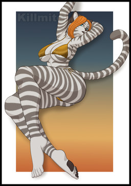anthro arms_above_head bangs bedroom_eyes big_breasts big_butt bikini bikini_bottom biped black_border black_hair blue_eyes border breasts bulging_breasts butt butt_pose cleavage clothed clothing feet female fur furry_tail gold_bikini gradient_background grey_stripes hair hand_above_head hand_behind_head humanoid_feet legs_together long_bangs low-angle_view lying markings mature_female multicolored_hair narrowed_eyes on_back orange_hair pawpads plantigrade pose raised_tail seductive short_hair simple_background solo straight_hair string_bikini striped_body striped_fur striped_markings striped_tail stripes swimwear tail tail_markings thick_thighs thin_tail two-piece_swimsuit two_tone_hair under_boob white_body white_fur killmite felid mammal pantherine tiger 2026 colored digital_drawing_(artwork) digital_media_(artwork) hi_res pinup shaded watermark