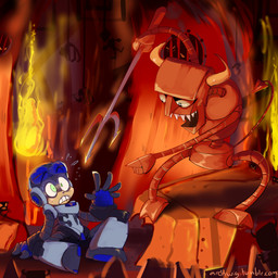 cybernetics duo fire hell horn machine male not_furry pitchfork tools archwig comedy_central futurama mighty_no._9 beck_(mighty_no._9) beelzebot_the_robot_devil_(futurama) android cyborg robot 1:1 crossover hi_res