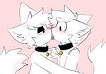 anthro black_collar blush blush_lines collar collar_tag duo eye_contact fluffy french_kissing fur half-closed_eyes hug hugging_another kissing licking_tongue looking_at_another male male/male narrowed_eyes pink_background simple_background white_body white_fur skipper_katt boy_kisser_(meme) silly_cat_(mauzymice) domestic_cat felid feline felis mammal 2024 hi_res meme