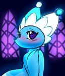 ambiguous_gender anthro blue_body blush clothing detailed_eyes eyelashes fool's_hat hat headgear headwear looking_at_viewer mouthless solo three-quarter_view water shikaro deltarune undertale_(series) darkner elemental_creature mizzle_(deltarune) water_creature 2025 digital_media_(artwork) hi_res