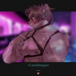 anthro biped blush brown_body brown_fur fur green_eyes harness horn male mostly_nude nipples pecs solo gao_53937056 lifewonders tokyo_afterschool_summoners catoblepas_(tas) 1:1 2022 alternate_version_at_source digital_media_(artwork) half-length_portrait hi_res portrait