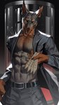 abs anthro belt black_body black_clothing black_fur bottomwear clothed clothing front_view fur male muscular muscular_anthro muscular_male open_mouth open_suit pants pecs shirtless solo standing yellow_eyes yifeng_lz canid canine canis dobermann domestic_dog mammal pinscher 9:16 detailed hi_res