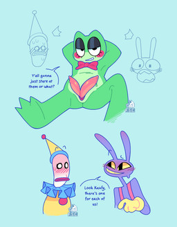 2_penises animal_genitalia animal_penis anthro biped bodily_fluids bodily_fluids_drip bodily_fluids_on_penis bow_tie clothed clothing clown clown_costume genitals gloves green_body group handwear hat headgear headwear hemipenes long_ears male multi_genitalia multi_penis nude pecs penis purple_body sweat tail text trio yellow_clothing yellow_eyes fsc glitch_productions the_amazing_digital_circus jax_(tadc) kaufmo_(tadc) ribbit_(tadc) amphibian frog humanoid lagomorph leporid mammal rabbit english_text hi_res