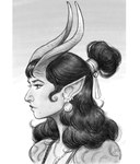 black_eyebrows black_eyes black_hair clothed clothed_female clothed_humanoid clothing curved_horn ear_piercing ear_ring eyebrows eyelashes female grey_background grey_body grey_clothing grey_horn grey_shirt grey_skin grey_topwear hair hair_bun horn humanoid_pointy_ears jewelry light long_hair long_horn mouth_closed necklace not_furry piercing pointy_ears ring_piercing shirt side_view simple_background solo topwear white_hair_tie bingoblin demon demon_humanoid horned_humanoid humanoid 2025 bust_portrait digital_drawing_(artwork) digital_media_(artwork) english_description greyscale hi_res lighting monochrome portrait shaded