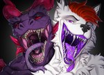 anthro anthro_pred bodily_fluids dripping drooling drooling_tongue duo fangs fur goo_drip horn looking_at_viewer male male/male male_pred mouth_shot multiple_pred muscular muscular_anthro muscular_male open_mouth pecs purple_body purple_flesh red_eyes saliva saliva_drip saliva_on_tongue saliva_string sharp_teeth simple_background slime teasing teeth throat tongue tongue_out mzmrt mythology devourer_(razor_koopa) pure_(purethefloof) canid canine canis dragon fox goo_creature goo_dragon mammal mythological_creature mythological_scalie scalie digital_media_(artwork) hi_res