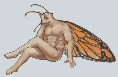 abs anthro barefoot feet insect_wings lepidopteran_wings looking_at_viewer male muscular muscular_anthro muscular_male nude sitting sitting_on_ground solo wings reynard_goodfellow arthropod butterfly insect lepidopteran monarch_butterfly hi_res