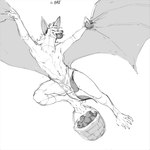 1:1 2022 anthro apple apple_in_mouth basket bat biped bottomwear bulge claws clothing container custapple digital_media_(artwork) flying food fruit greyscale loincloth male mammal membrane_(anatomy) membranous_wings monochrome plant simple_background sketch solo toe_claws white_background winged_arms wings