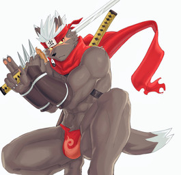 5_fingers accessory anthro asian_clothing bulge clothing crouching east_asian_clothing feet fingers fundoshi hair headband holding_object japanese_clothing katana looking_at_viewer male melee_weapon ninja red_eyes scarf simple_background solo sword tail toes underwear warrior weapon white_background white_hair yellow_sclera m71385400824 lifewonders tokyo_afterschool_summoners tadatomo_(tas) canid canine canis domestic_dog mammal 2026 absurd_res hi_res signature