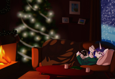 anthro bedding blanket blue_eyes blue_hair blush christmas_tree clothed clothing container crossdressing cuddling cup duo femboy fire fireplace folded_ears furniture hair holidays horn lying maid_headdress maid_uniform male mug on_back plant sofa sweater topwear tree uniform white_body up1ter christmas friendship_is_magic hasbro my_little_pony mythology fan_character feathertrap_(oc) shining_armor_(mlp) equid equine mammal mythological_creature mythological_equine unicorn absurd_res hi_res
