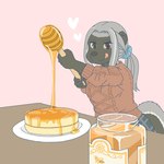 anthro clothed clothing container female food heart_symbol honey_(food) honey_dipper jar kemono licking licking_lips pancake plate solo sweater tongue tongue_out topwear ekaki510 badger honey_badger mammal mustelid musteline 1:1