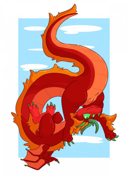 anus claws female feral genitals green_claws green_eyes green_horn horn red_body sky solo tail vulva wings ikakins mythology dragon eastern_dragon mythological_creature mythological_scalie scalie hi_res