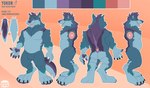 anthro belly big_belly blue_body blue_fur butt fur hair looking_at_viewer male muscular muscular_anthro muscular_male open_mouth simple_background smile solo standing tail text diddydoo yukon canid canine canis mammal wolf absurd_res english_text hi_res model_sheet