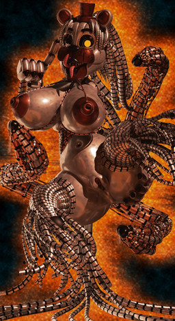 1_eye 2_tongues anthro areola big_breasts black_nose bodily_fluids breasts brown_areola brown_body brown_nipples brown_top_hat clothing female genital_fluids genitals grey_body hand_on_butt hat headgear headwear looking_at_viewer machine multi_tongue multicolored_body navel nipples nude penis_tentacles pose precum raised_finger sharp_teeth solo teeth tentacles tongue top_hat two_tone_body vulva wire yellow_eyes rckke rckke_(modeler) five_nights_at_freddy's freddy_fazbear's_pizzeria_simulator scottgames molten_freddy_(fnaf) animatronic bear mammal robot 2021 3d_(artwork) digital_media_(artwork) hi_res warm_colors