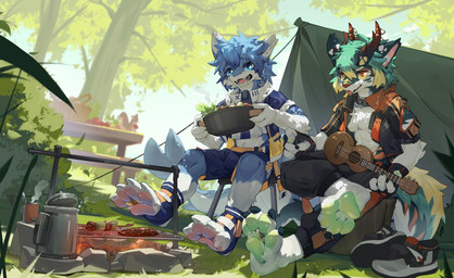 2_horns 4_toes anthro barbecue blue_body blue_hair bottomwear bulge camping clothed clothing crossed_legs duo feet furniture grass green_hair green_pawpads hair horn jacket kitchen_utensils male male/male musical_instrument open_clothing open_jacket open_mouth open_topwear outside pants pawpads pink_pawpads plant shorts sitting stirrup_footwear stool tent three-quarter_view toes tongue tongue_out tools topwear tree meiyazai mythology cark_(crx5s_4) monian_(monian20010315) catshark dragon mythological_creature mythological_scalie scalie hi_res