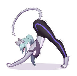 all_fours anthro ass_up bent_over big_breasts big_butt blush bottomwear bra breasts butt clothing exercise exercise_clothing female fur green_hair grey_body grey_fur hair hanging_breasts leopard_spots meme_pose nipple_outline pants ponytail raised_tail shaking solo spots stretching tail tight_bottomwear tight_clothing tight_pants topwear trembling underwear white_body white_fur wide_hips wobbling yoga yoga_pants krishadraws felid feline leopard mammal pantherine 2024 digital_drawing_(artwork) digital_media_(artwork) hi_res