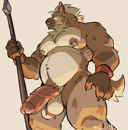 anthro armor ball_tuft balls big_balls big_penis bracers brown_body casual_nudity chest_tuft countershading fur genitals hair holding_melee_weapon holding_object holding_polearm holding_spear holding_weapon humanoid_genitalia humanoid_penis looking_aside male mane melee_weapon musclegut muscular nipple_piercing nipple_ring nipples nude pecs penis piercing polearm ring_piercing scar simple_background slightly_chubby slightly_chubby_male solo spear standing tan_body tuft vein veiny_penis weapon baehotline gnoll hyena mammal 2021 hi_res