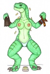 3_fingers 3_toes alternate_species anthro areola bald bare_shoulders barefoot belly_scales belt big_breasts blue_clothing blue_panties blue_underwear bottomless breasts capcom claws clenched_teeth clothed clothing digitigrade dino_crisis dinosaur dromaeosaurid earhole eyelashes eyes_closed feet female fingers green_body green_scales grey_claws hair_loss huge_breasts identity_death ivanks long_neck lust_transformation mental_transformation mid_transformation mostly_nude nipples non-mammal_breasts non-mammal_nipples panties paula_morton pink_areola pink_nipples reptile scales scalie semi-anthro sharp_teeth simple_background smile snout solo species_transformation spread_legs spreading standing stripes tearing_clothing teeth theropod thick_thighs toe_claws toes topless torn_clothing transformation transformation_through_technology underwear velociraptor white_background