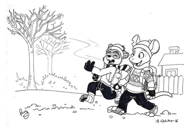 anthro bottomwear building clothed clothing duo eyes_closed fence happy hat headgear headwear jacket logo male notched_ear open_mouth open_smile outside pants pattern_clothing pattern_scarf plant scarf shrub smile striped_clothing striped_scarf stripes topwear tree young young_anthro young_male pandapaco mammal mouse murid murine procyonid raccoon rodent 2016 artist_logo dated monochrome signature